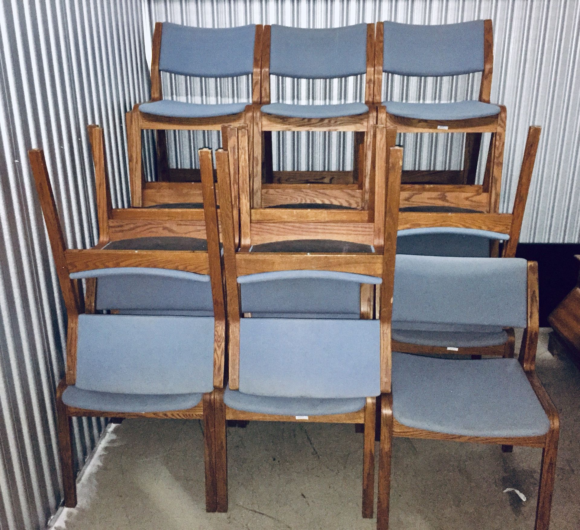 18 matching chairs oak frame upholstered blue seat