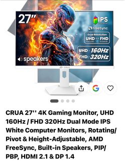 CRUA 27" 4K IPS Gaming Monitor 160Hz/320Hz