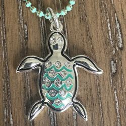 "Beachy Turtle Necklace – Mint Green Beads & Sterling Silver Charm – Handmade Gift"