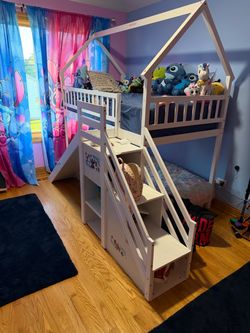 Kids House Loft Bed with Mattress & Bedding – Like New
