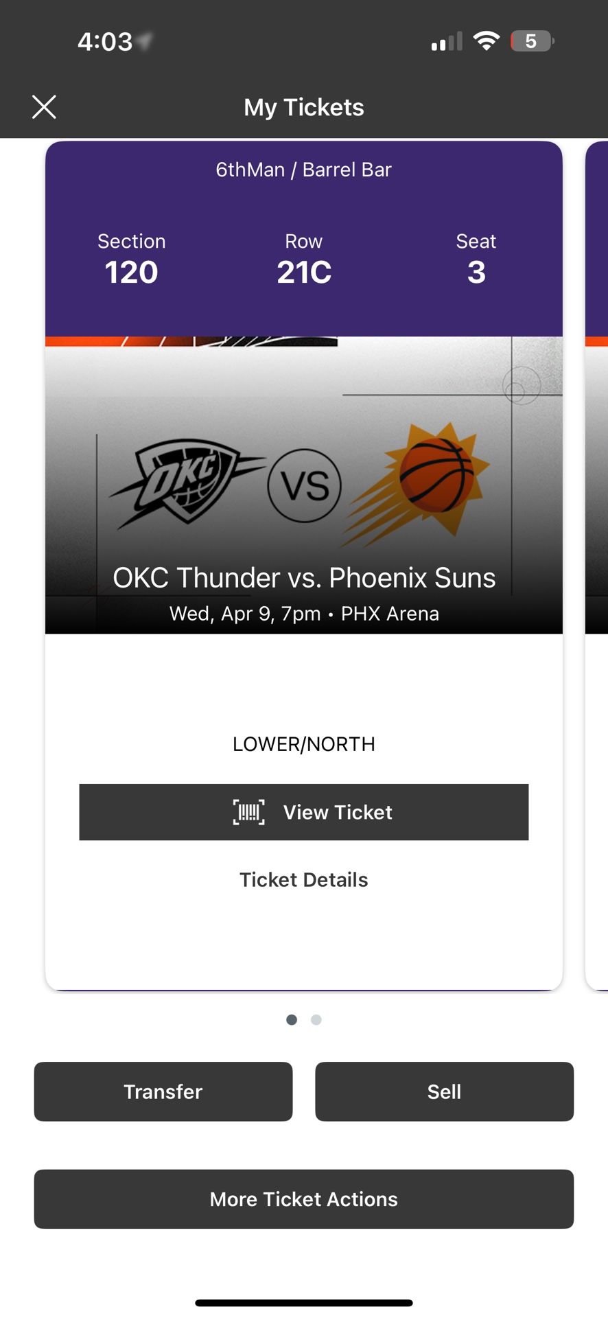 PHX SUNS Vs OKC THUNDER (Jim Bean Seating)