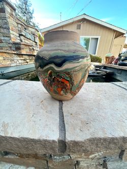 Nemadji Signed Art Pottery Abstract Swirl Clay Beige Green Brown