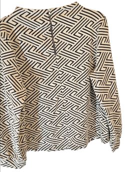 W5 Geometric Print Long Sleeve Top Small Black Cream Back Zip Blouse