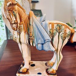 17" T Chinese Tang Dynasty Style Ceramic Horse Statue Signed