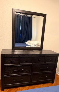 Dark black Dresser, Beveled Mirror, (1) Night Stand