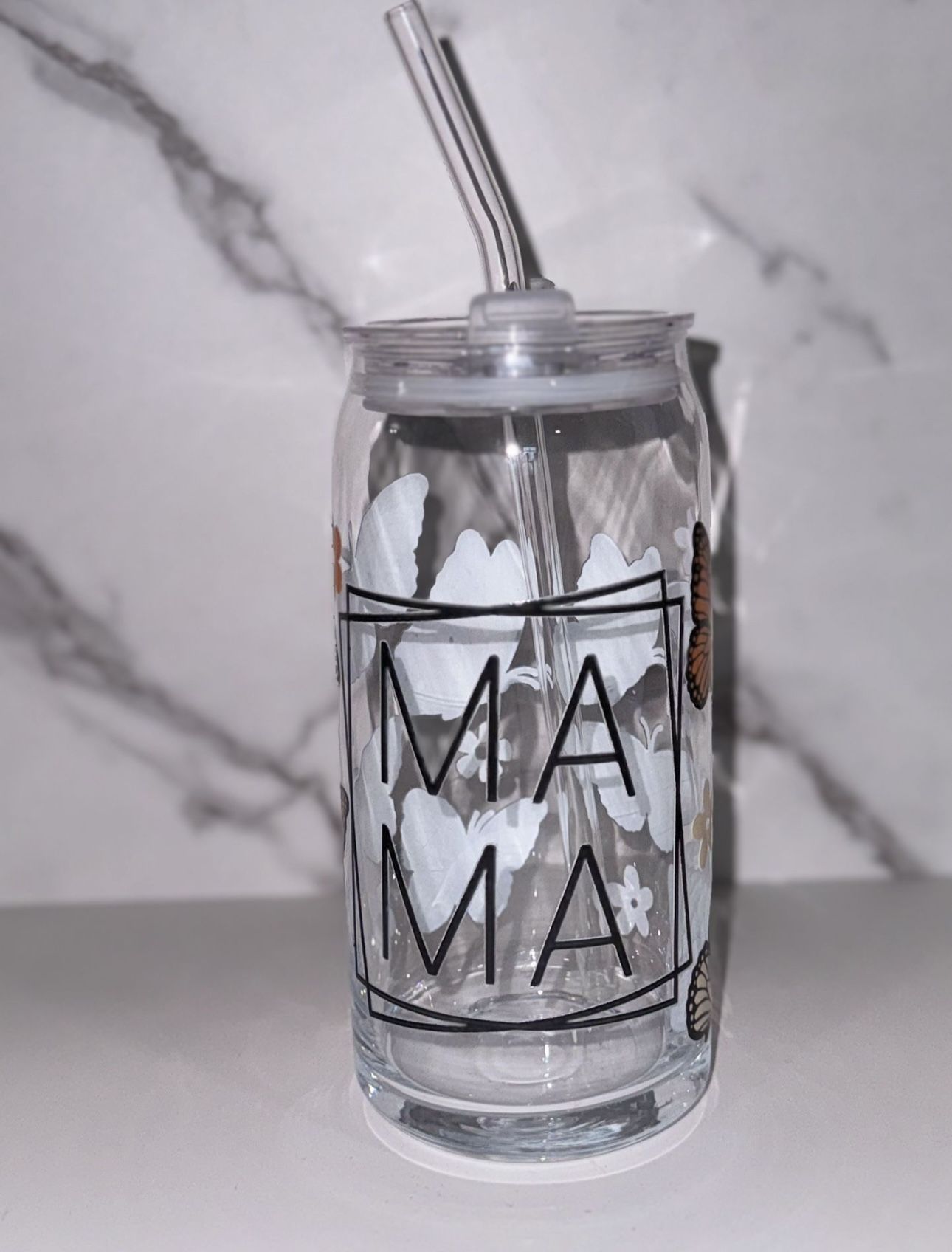 custom glass 20 Oz can cup mama butterfly
