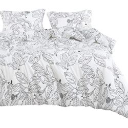 Tree Duvet Cover Set, 100% Cotton Bedding, Black Branches Leaves Pattern Printed on White, with Zipper Closure (3pcs, Queen Size)