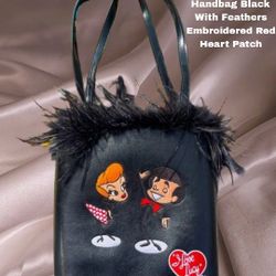 Love Lucy Handbag Black With Feathers Embroidered Red Heart Patch