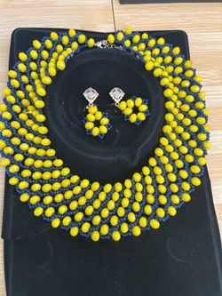 Yellow and blue  beaded necklace and Earring set