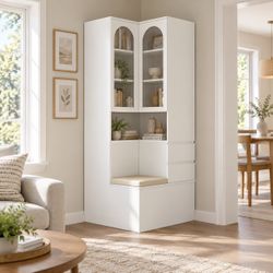 Corner Bookcase with Ribbed Glass Double Doors and Two Drawers