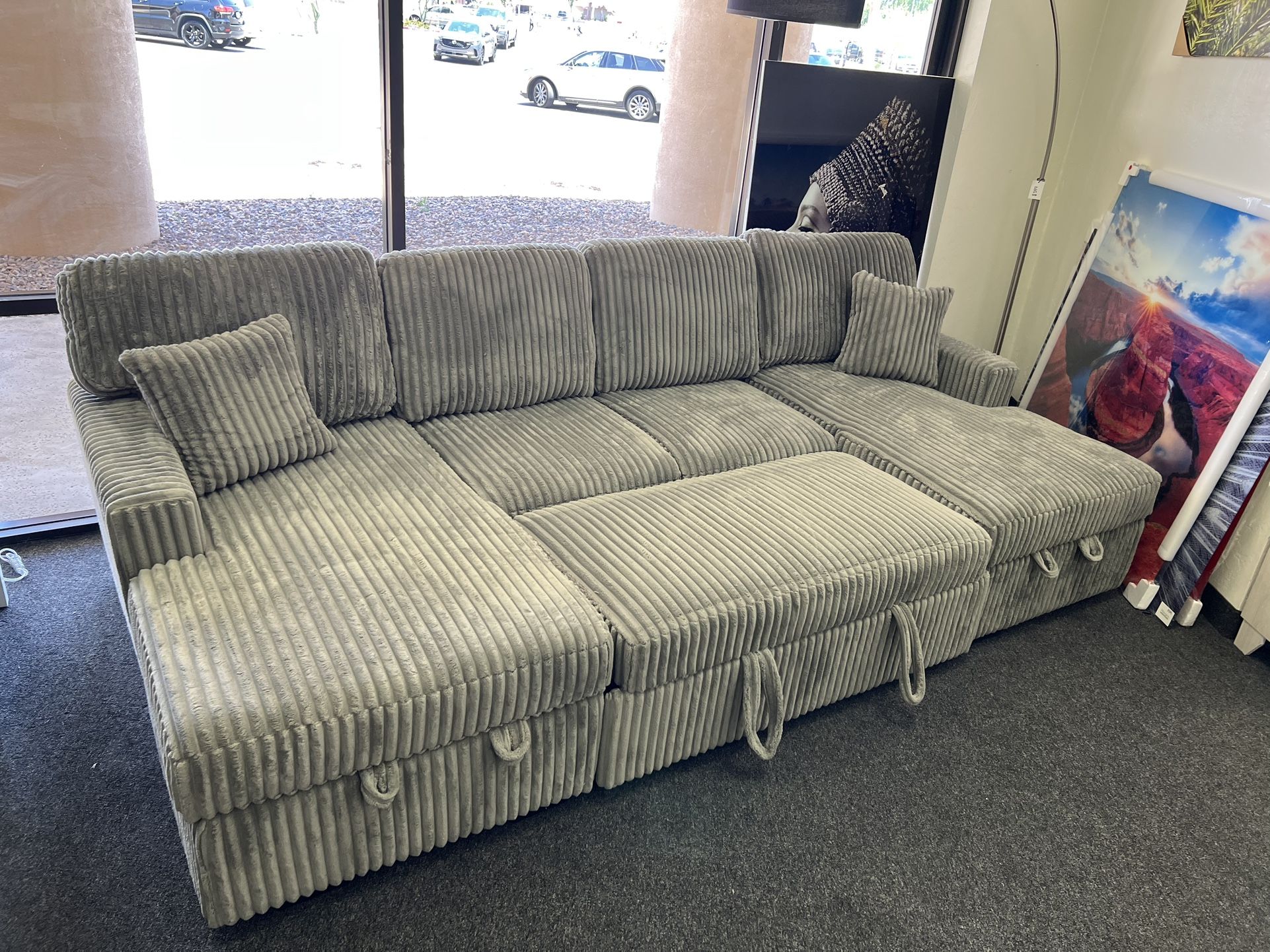 Grey Double Storage Chaise Corduroy Sectional Sleeper Sectional
