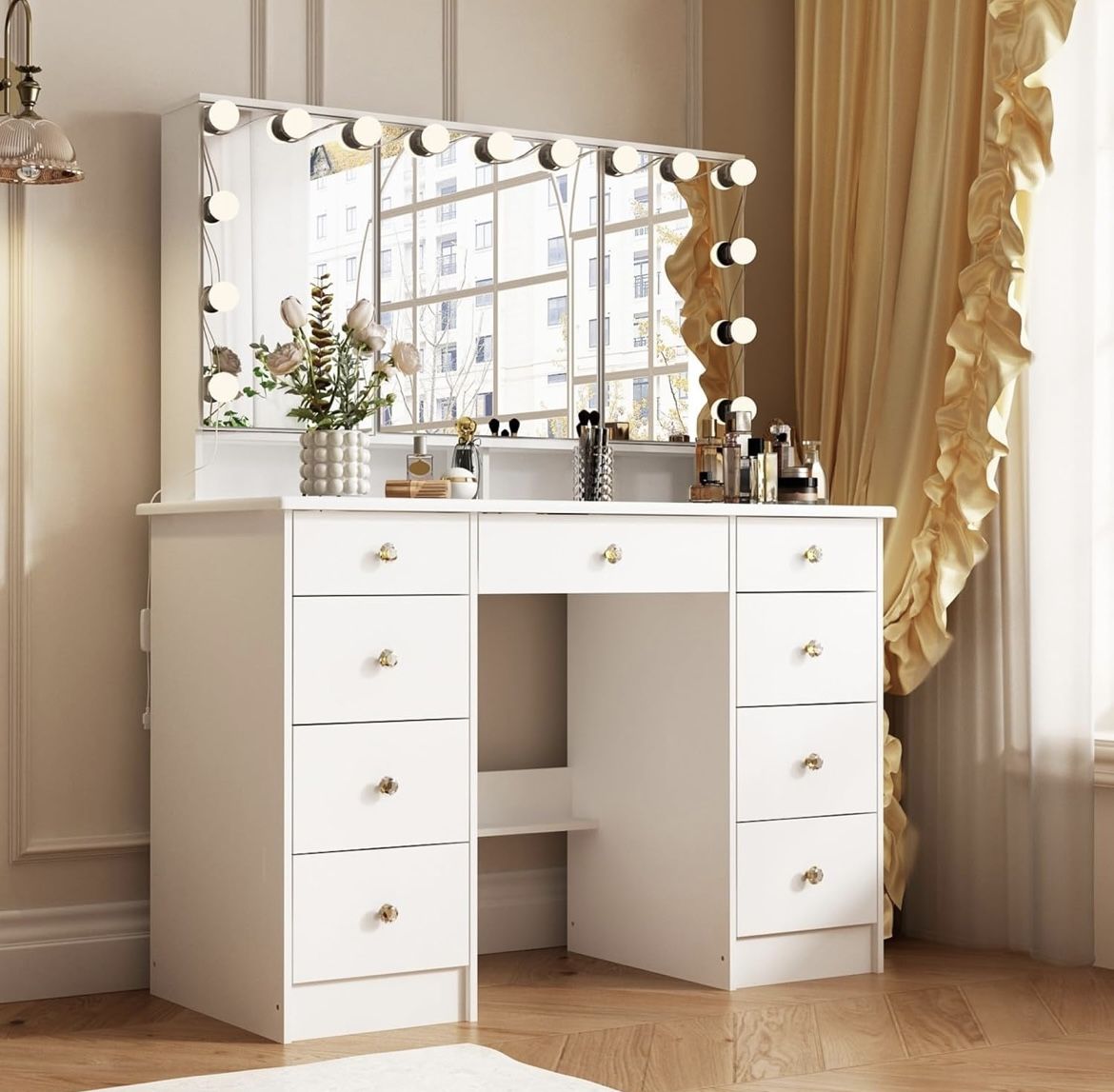 Large Makeup Vanity with Glass Top, Vanity Desk with Mirror and Bulb Lights, Modern Dressing Table with 9 Drawers & Hidden Shelves for Bedroom, White