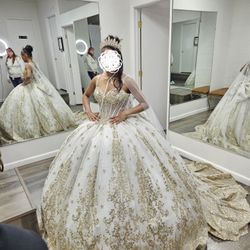 BEST OFFER : Stunning Detailed White And Gold Sparkling Quinceanera/ Ball Gown  