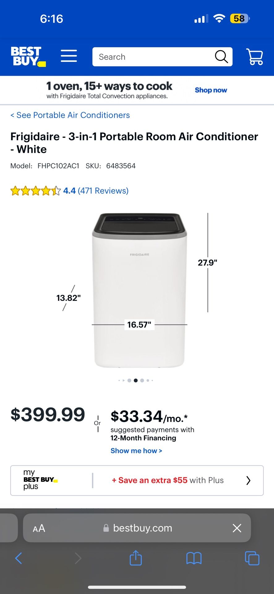 Portable AC - 12,000 BTU - FRIGIDAIRE 