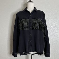 Zara Woman Western Black Denim Studded Fringe Jacket, Sz Small