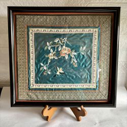Vintage Framed Chinese Silk Bird And Flowers Embroidery 