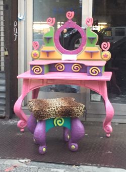 Signed Original “B. Leader” Vanity W/ Stool Whimsical Folk Art