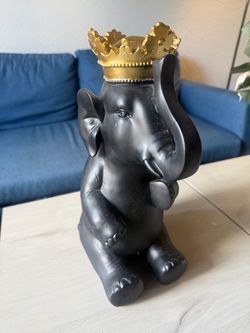 Black Elephant Figurine with Gold Crown