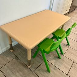 Adjustable Activity Table with 2 Stackable Chairs, 23.625" W x 47.25" L, Natural and Green Colors