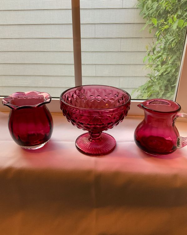 Vintage CRANBERRY GLASS Three Cranberry Glass Collectibles Small Vase, Candy Dish on