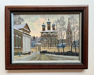 Vintage 1970s USSR Oil Painting by Alexander Kurasov Winter Cityscape 16"x12”