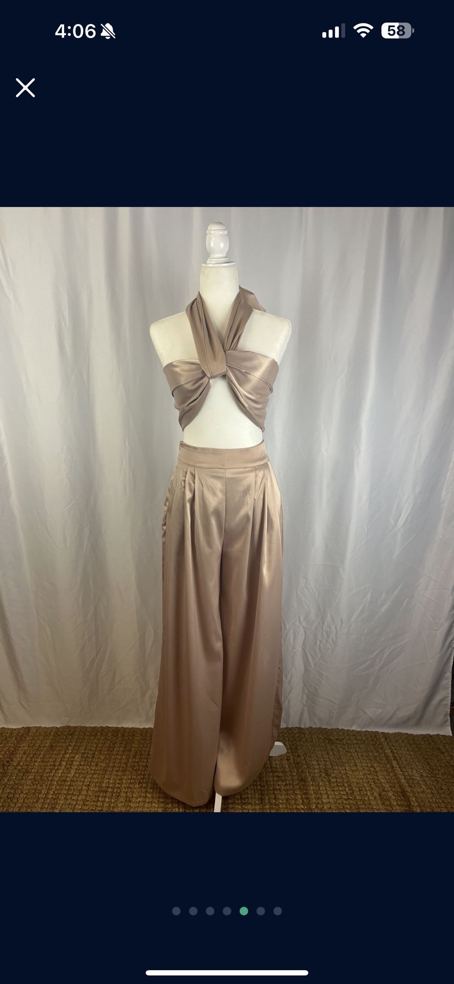 Champagne blush pink silk satin wide pant high waisted wrap tube top halter set