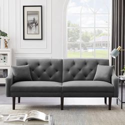 New in box Velvet Futon Sofa Bed Modern Sleeper Sofa with 6 Solid Wood Legs-grey