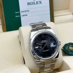 2019 Rolex Datejust 41mm stainless steel oyster bracelet 18k white gold fluted bezel Roman Numeral Wimbledon dial 126334 watch box card booklets tag F