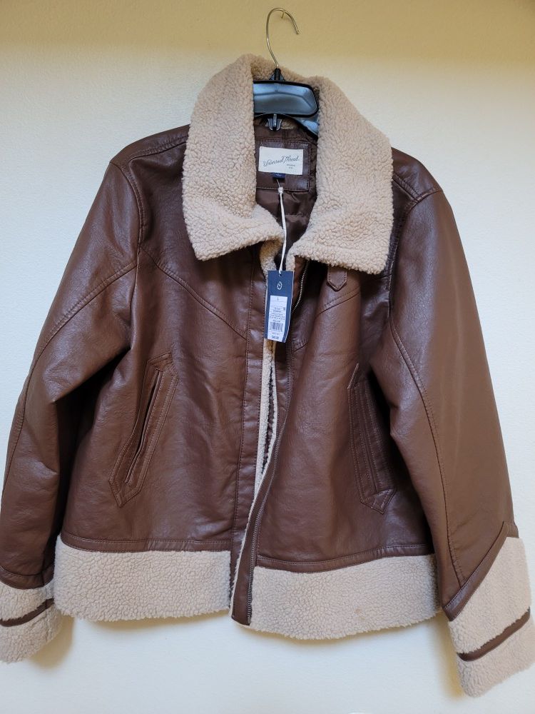 Womens Universal Thread Sherpa Faux Leather Moto Jacket Brown Size..zize L