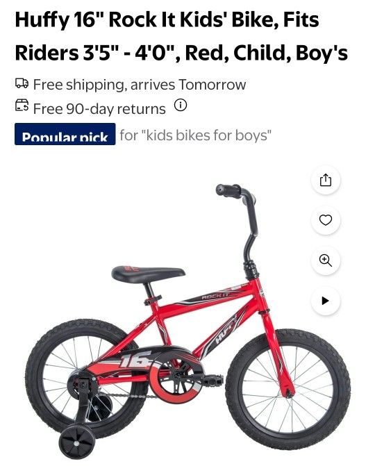 Huffy 16" Rock It Kids' Bike, Fits Riders 3'5" - 4'0", Red, Child, Boy's