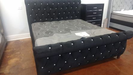 Jewel tufted king bed frame with dresser mirror