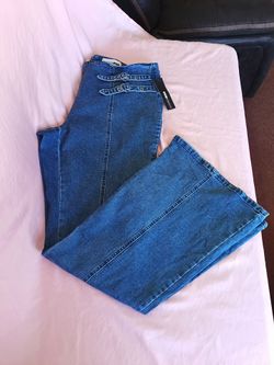 Vtg Fashion Nova Binding Love Buckle Stretch Flare Jeans Medium Wash Blue Sz. 20