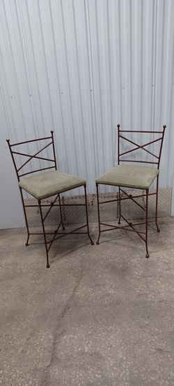 Pair of Iron Bar Stools with Upholstered Seats