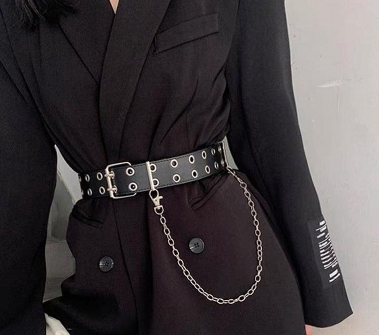 Korean style leather double hole belt black with chain fashion