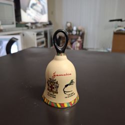 Ceramic Handbell Jamaican Motif Coat Of Arms, National Bird, Flag 5" Tall 