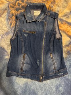 Dolled Up Distressed Denim Moto Vest