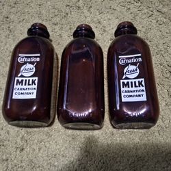 3 Old Vintage Glass Milk Bottles From The 50's