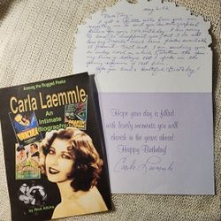 CARLA LAEMMLE  HAND WRITTEN autographed 1PAGE NOTE,12x10 HAPPY BIRTHDAY CARD
