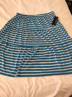 New ladies kim Rogers l large aqua striped tiered short knit skirt with elastic waist