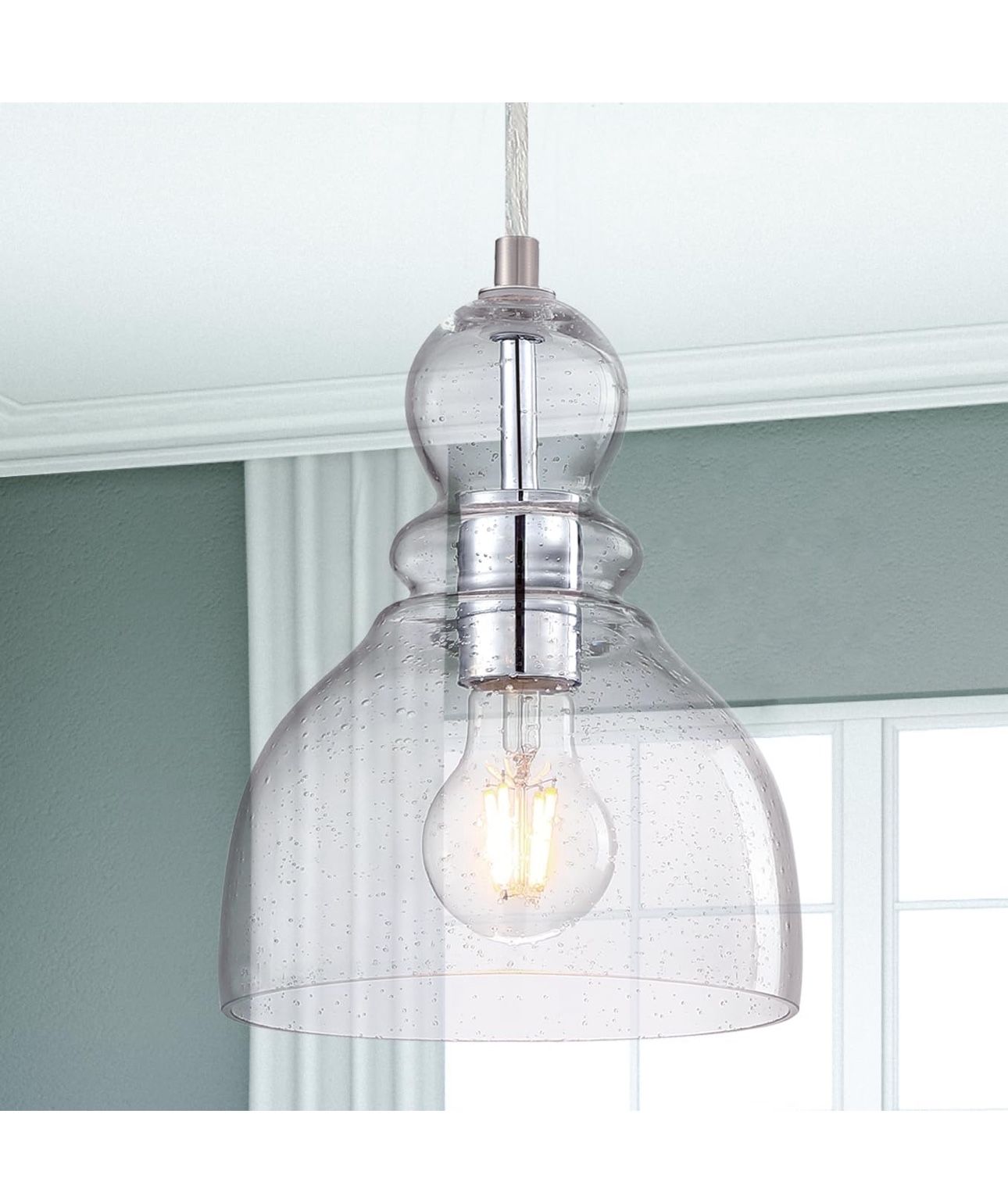 One-Light Indoor Mini Pendant Light, Ceiling Light Fixture, Black Finish with Clear Seeded Glass