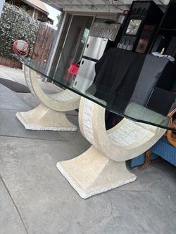 Vintage Travertine Scroll Glass Top Dining Table - 80s Italian Style