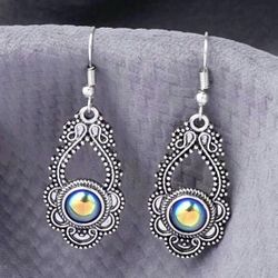 New Boho Antique Silver Dark Iridescent Stone Drop Dangle Earrings