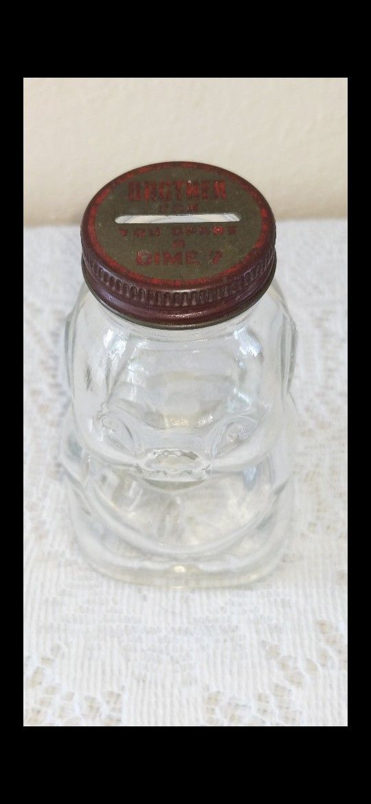 Vintage 1930 "Brother Can You Spare A Dime" Glass Piggy Bank With Metal Lid
