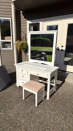 White Vanity Desk with Mirror and Stool