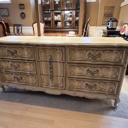 Bassett French Provincial Headboard, 9 Drawer Dresser And Newish Queen Mattress With Topper And Bedding 