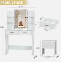 Vanity Desk with LED Lights Mirror & Power Outlet, Small Makeup Vanity Table Set with Storage Drawers & Chair, 3 Lighting Modes & Adjustable Brightnes