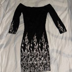 Lace Elegant Black and Silver Off-Shoulder Dress
