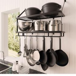 KES 30-Inch Kitchen Pot Rack - Mounted Hanging Rack for Kitchen Storage and Organization- Matte Black 2-Tier Wall Shelf for Pots and Pans with 12 Hook