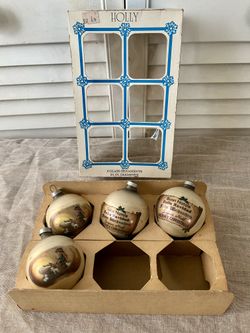 Vintage Holly Glass Christmas Ornaments Nativity Scene 2.25” Set of 4 With Box