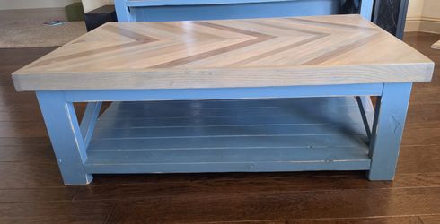 Custom Made Farmhouse Coffee Table — Chevron Wood Top, Blue X-Base